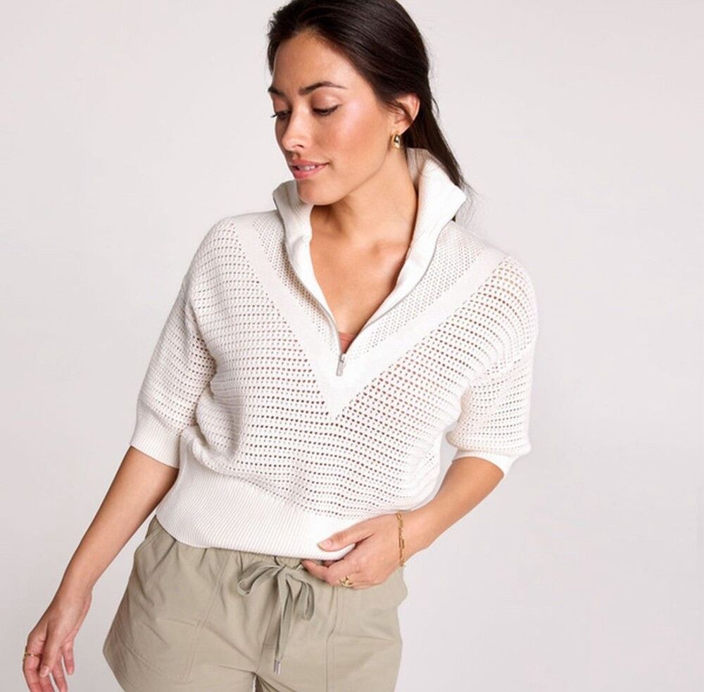 Calia Women’s Open Knit V-Neck Polo Sweater Pullover Cloud Cover White XL